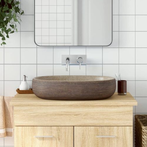 Lavabo Da Appoggio Sabbia E Marrone Ovale 59x40x14 Cm Ceramica