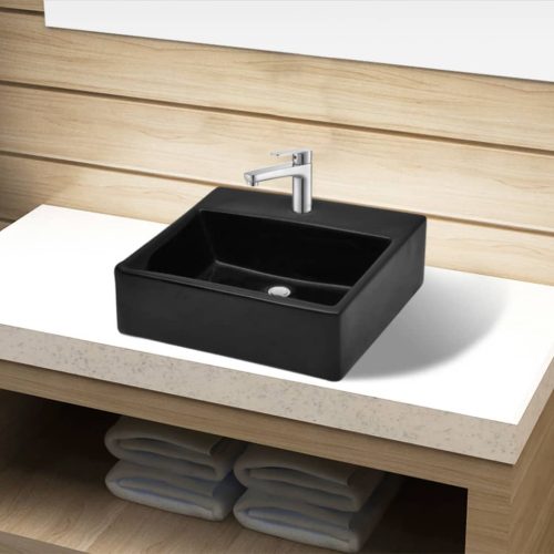 Lavandino Bagno In Ceramica Nera Quadrato Con Foro Per Rubinetto