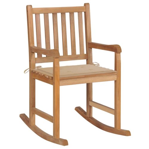 Sedia A Dondolo Con Cuscino Beige In Massello Di Teak