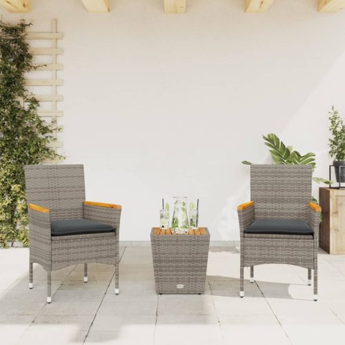 Set Da Bistrò 3 Pz Con Cuscini Grigio Polyrattan E Vetro